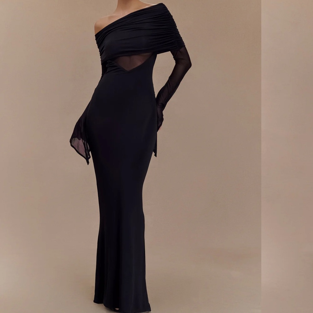 Meshki Black Long Sleeve Mesh-Inset Evening Dress